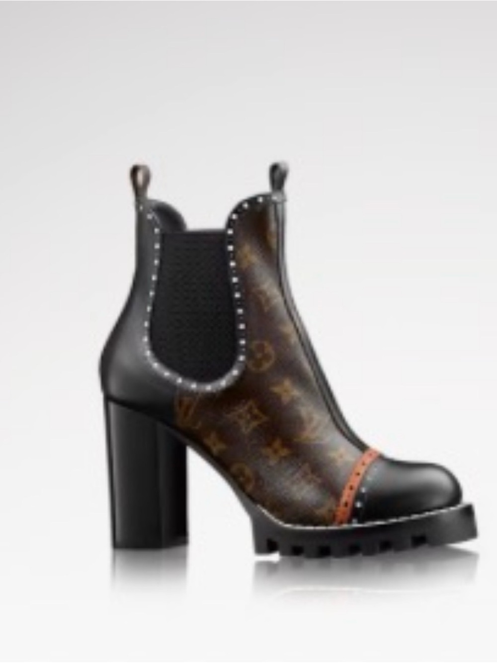 Louis Vuitton Monogram Chelsea Lug-Heel Boot in Black and Brown with Orange Trim
